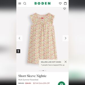 Boden Floral Print Short Sleeve Nightgown Kids Size 4